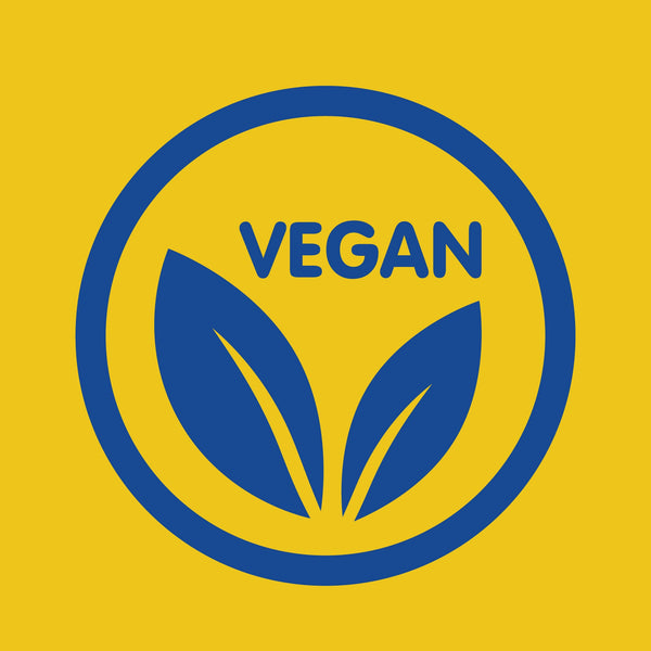 blue halal and vegan logo on a yellow background