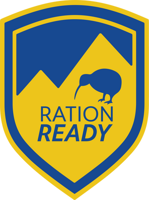 Shield-shaped logo with a kiwi bird, mountains, and 'Ration Ready' text on a yellow and blue background.