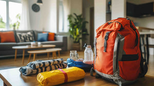 Orange backpack on a table with folded clothes in a living room.